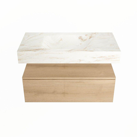 Mondiaz ALAN-DLUX Ensemble de meuble - 90cm - meuble Washed Oak mat - 1 tiroir - Lavabo Cloud Frappe suspendu - vasque Centre - 0 trous de robinet SW808600