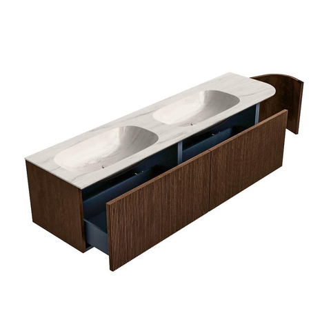 MONDIAZ KURVE-DLUX 175cm meuble de salle de bains arrondi Droite couleur Walnut avec 2 tiroirs et 1 porte. Lavabo STOR SMALL Double / Gauche 2 trous de robinet Meli. SW1431738