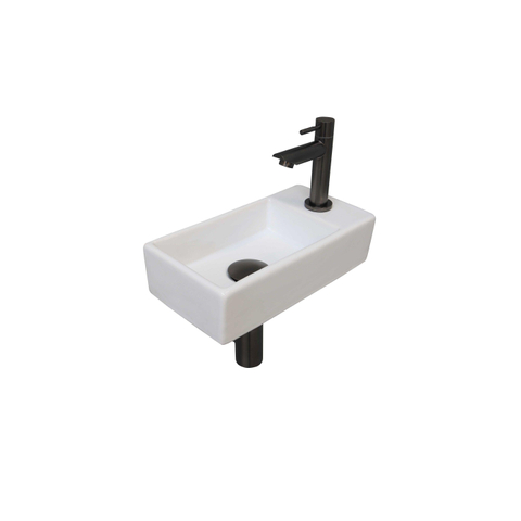 Ink Versus pack lave-mains – 36 x 18 x 9 cm – porcelaine blanc brillant – perçage à droite – robinet gunmetal SW450900
