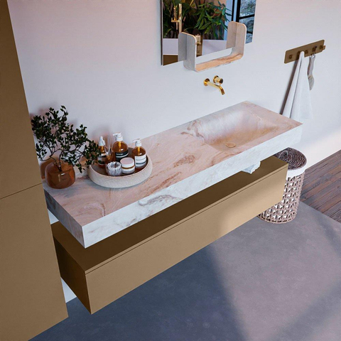 Mondiaz ALAN-DLUX Ensemble de meuble - 150cm - meuble Oro mat - 1 tiroir - Lavabo Cloud Frappe suspendu - vasque Droite - 0 trous de robinet SW805781