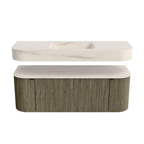 MONDIAZ THOR-DLUX Meuble de salle de bains 130cm arrondi gauche + droite couleur Shadow avec 1 tiroir et 2 portes. Vasque suspendue CLOUD Milieu sans trou de robinet couleur Meli. SW1463841