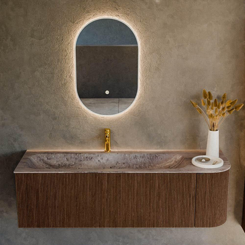 MONDIAZ KURVE-DLUX Meuble de salle de bains 145cm arrondi à droite couleur Walnut avec 1 tiroir et 1 porte. Lavabo BIG LARGE à gauche 1 trou de robinet Oza. SW1432452
