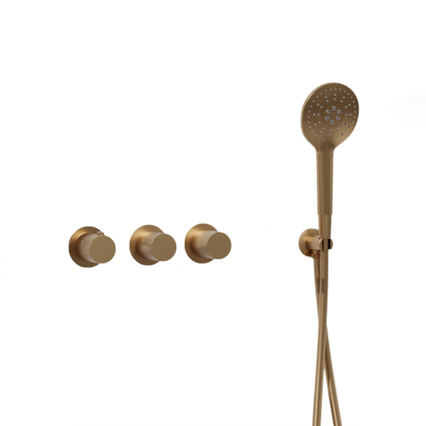 Fortifura Nebbio Ensemble combiné bain - mitigeur thermostatique - coude mural avec support de douchette - flexible de douche lisse - douchette ronde - Remplissage-vidage de baignoire - laiton brossé PVD (or) SW1238083