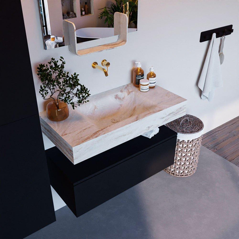 Mondiaz ALAN-DLUX Ensemble de meuble - 90cm - meuble Urban mat - 1 tiroir - Lavabo Cloud Frappe suspendu - vasque Centre - 0 trous de robinet SW805592