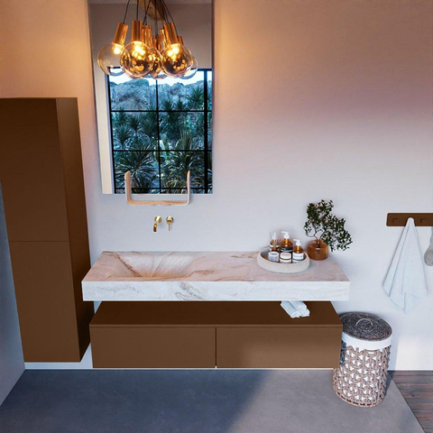 Mondiaz ALAN-DLUX Ensemble de meuble - 150cm - meuble Rust mat - 2 tiroirs - Lavabo Cloud Frappe suspendu - vasque Gauche - 0 trous de robinet SW804892