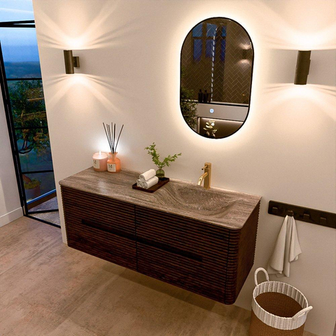 Mondiaz CIRO-DLUX Ensemble de meubles de salle de bains - 130x45x50cm - Plan vasque solid surface Oza - 1 vasque à droite - 1 trou de robinet - 4 tiroirs - Noyer SW1530648