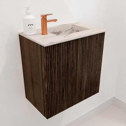 Mondiaz JOYA-DLUX 40cm toiletmeubel - kleur Walnut - Wastafel FAYE positie Rechts 1 kraangat kleur Nata. SW1424459