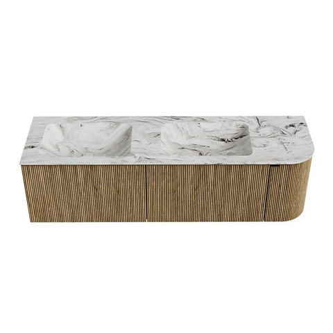 Mondiaz KURVE-DLUX Ensemble de meubles de salle de bains - 155x46x40cm - 2 tiroirs - 1 porte - lavabo solid surface - double / gauche - sans trou de robinet - Dusk SW1415522