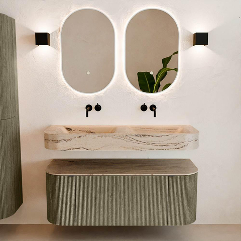 MONDIAZ THOR-DLUX 120cm meuble de salle de bains arrondi gauche + droite couleur Shadow avec 1 tiroir et 2 portes. Vasque suspendue CLOUD Double sans trou de robinet couleur Arena. SW1463342