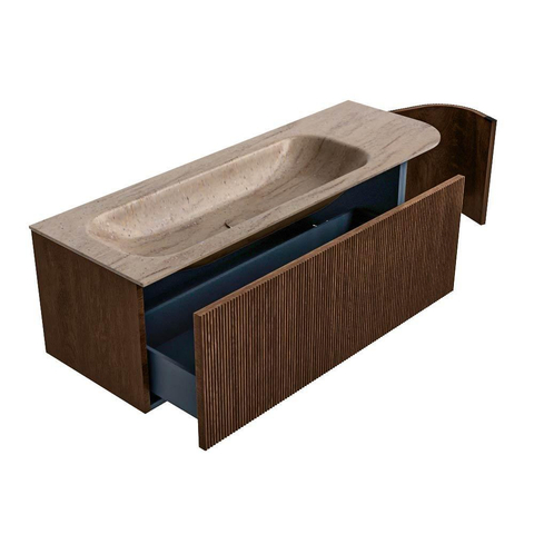 MONDIAZ KURVE-DLUX Meuble de salle de bains 135cm arrondi à droite couleur Walnut avec 1 tiroir et 1 porte. Lavabo BIG MEDIUM à gauche 1 trou de robinet Saba. SW1433182