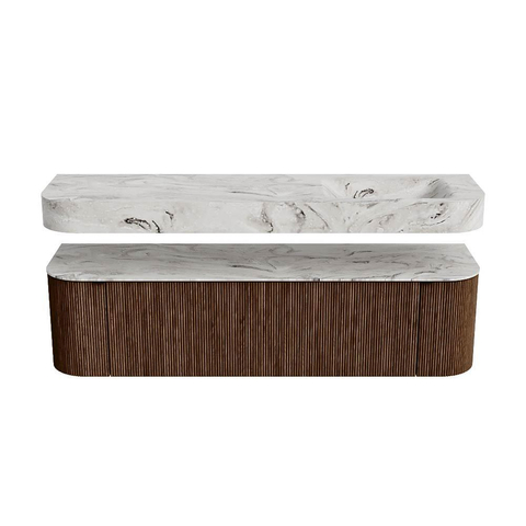 MONDIAZ THOR-DLUX 170cm badmeubel ronding links + rechts kleur Walnut met 1 lade en 2 deuren. Vrijhangende wastafel CLOUD Rechts zonder kraangat kleur Glace. SW1465563