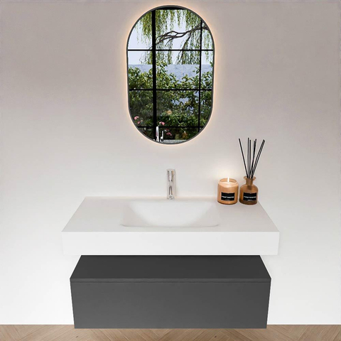 MONDIAZ ALAN Ensemble meuble de salle de bains - 100cm - meuble bas Dark Grey - 1 tiroir - Vasque suspendue CLOUD - centre - 1 trou de robinet - Talc SW1190265