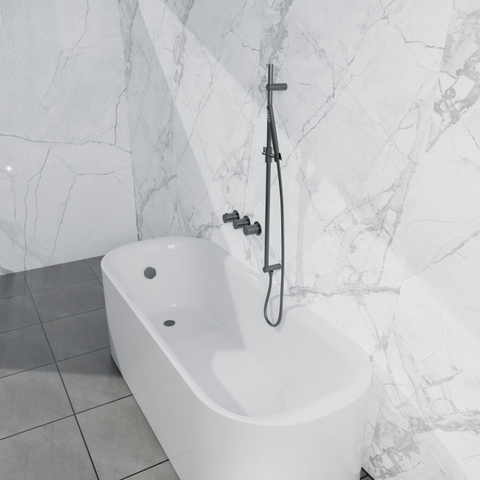 Fortifura Nebbio Ensemble combiné bain - mitigeur thermostatique - barre coulissante avec coude mural intégré - flexible de douche métallique - douchette à main barre - Remplissage-vidage de baignoire - PVD gunmetal brossé SW1238029