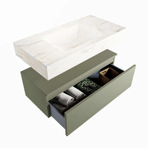 Mondiaz ALAN-DLUX Ensemble de meuble - 90cm - meuble Army mat - 1 tiroir - Lavabo Cloud Ostra suspendu - vasque Centre - 1 trou de robinet SW807819