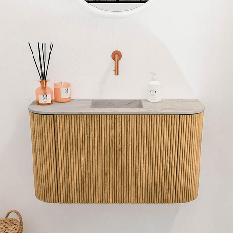 Mondiaz JOYA-DLUX 73.2cm toiletmeubel - ronding links en rechts kleur Oak - Wastafel FAYE positie Midden Zonder kraangat kleur Glace. SW1422014