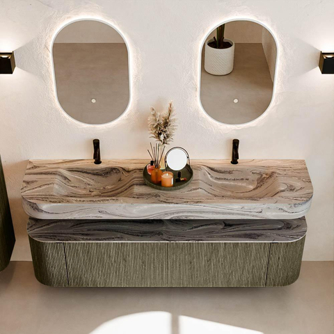 MONDIAZ THOR-DLUX 180cm meuble de salle de bains arrondi gauche + droite couleur Shadow avec 2 tiroirs et 2 portes. Vasque suspendue CLOUD Double 2 trous de robinet couleur Sombra. SW1466354