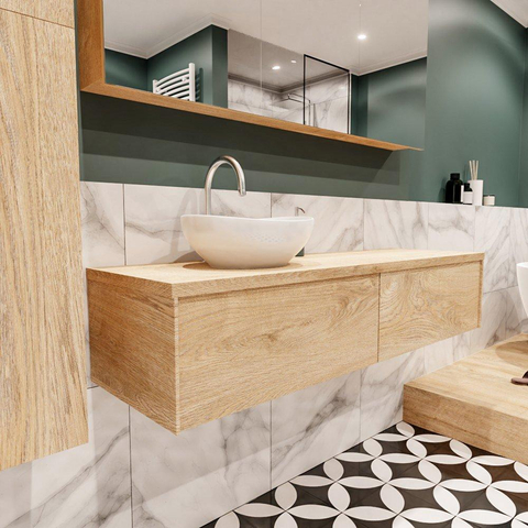 MONDIAZ LUSH Ensemble de meuble salle de bain - 150cm - 2 tiroirs - lavabo BARCO - vasque à gauche - 1 trou de robinet - chêne blanchi SW409575