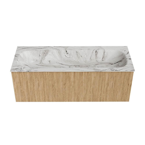 MONDIAZ KURVE-DLUX Meuble de salle de bains 120cm couleur Oak avec 1 tiroir. Lavabo BIG LARGE central sans trou de robinet couleur Glace. SW1137943