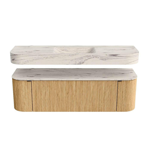 MONDIAZ THOR-DLUX 150cm meuble de salle de bains arrondi gauche + droite couleur Oak avec 1 tiroir et 2 portes. Vasque suspendue CLOUD Milieu 1 trou de robinet couleur Nata. SW1464814