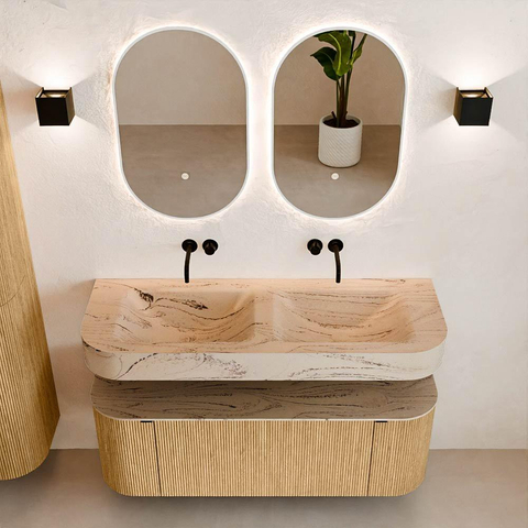 MONDIAZ THOR-DLUX 130cm meuble de salle de bains arrondi gauche + droite couleur Oak avec 1 tiroir et 2 portes. Vasque suspendue CLOUD Double sans trou de robinet couleur Arena. SW1463750