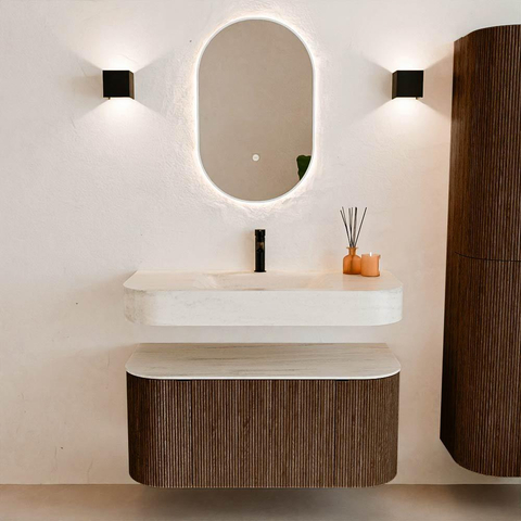 MONDIAZ THOR-DLUX 100cm meuble de salle de bains arrondi gauche + droite couleur Walnut avec 1 tiroir et 2 portes. Vasque suspendue CLOUD Milieu 1 trou de robinet couleur Meli. SW1467475