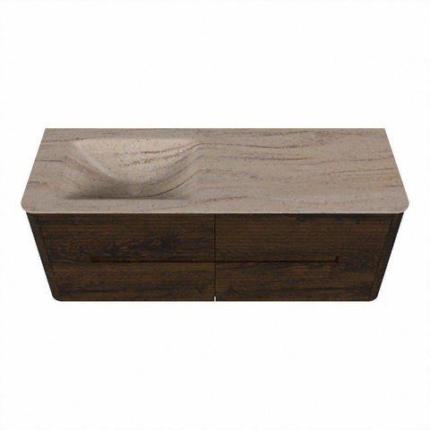 Mondiaz CIRO-DLUX Ensemble de meubles de salle de bains - 130x45x50cm - Plan vasque Solid surface Saba - 1 lavabo à gauche - 1 trou de robinetterie - 4 tiroirs - Noyer SW1530685