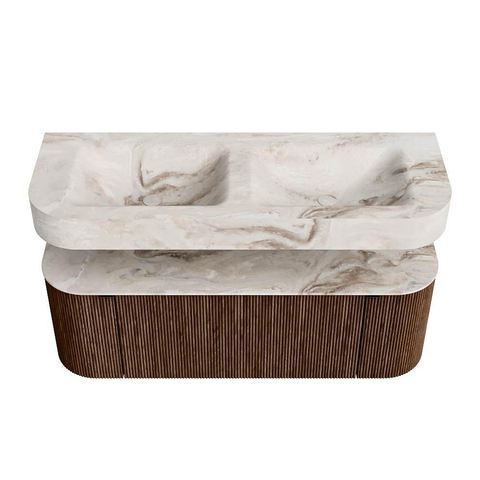 MONDIAZ THOR-DLUX 130cm badmeubel ronding links + rechts kleur Walnut met 1 lade en 2 deuren. Vrijhangende wastafel CLOUD Dubbel 2 kraangaten kleur Frappe. SW1463606