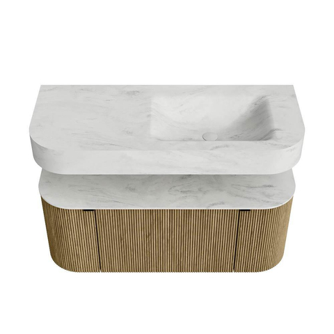 MONDIAZ THOR-DLUX 110cm meuble de salle de bains arrondi gauche + droite couleur Dusk avec 1 tiroir et 2 portes. Vasque suspendue CLOUD Droite 1 trou de robinet couleur Opalo. SW1462804