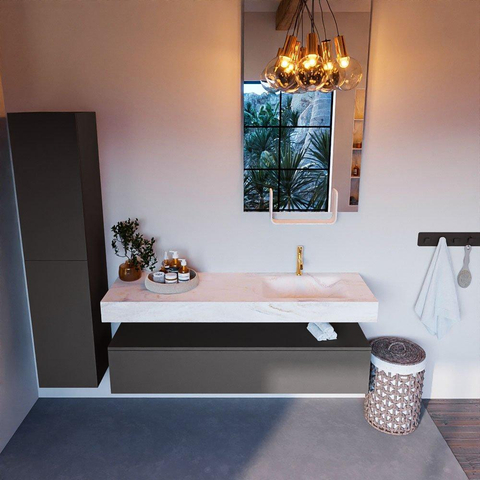 Mondiaz ALAN-DLUX Ensemble de meuble - 150cm - meuble Dark grey mat - 1 tiroir - Lavabo Cloud Ostra suspendu - vasque droite - 1 trou de robinet SW807354