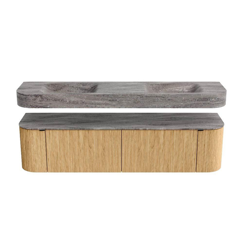 MONDIAZ THOR-DLUX 180cm badmeubel ronding links + rechts kleur Oak met 2 lades en 2 deuren. Vrijhangende wastafel CLOUD Dubbel 2 kraangaten kleur Oza. SW1466278