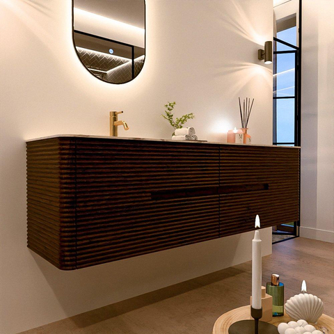 Mondiaz CIRO-DLUX Badkamermeubelset - 170x45x50cm - Solid surface wastafel Nata - 1 wasbak Links - 1 kraangat - 4 lades - Walnut SW1530572