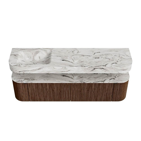 MONDIAZ THOR-DLUX 180cm badmeubel ronding links + rechts kleur Walnut met 2 lades en 2 deuren. Vrijhangende wastafel CLOUD Links zonder kraangat kleur Glace. SW1465954