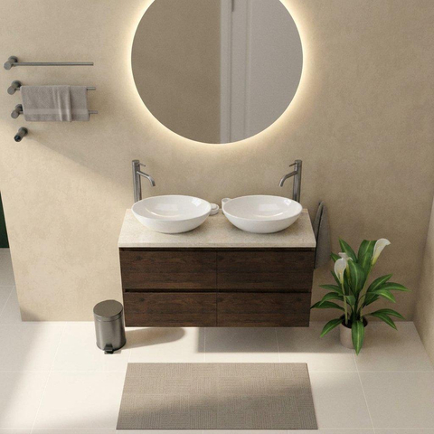 Saniclass Holz Pure Badkamermeubelset - 120x45x63cm - Travertine natuurstenen topblad - 2 kraangaten - 4 lades - mat eiken charcoal (hout) SW1478885
