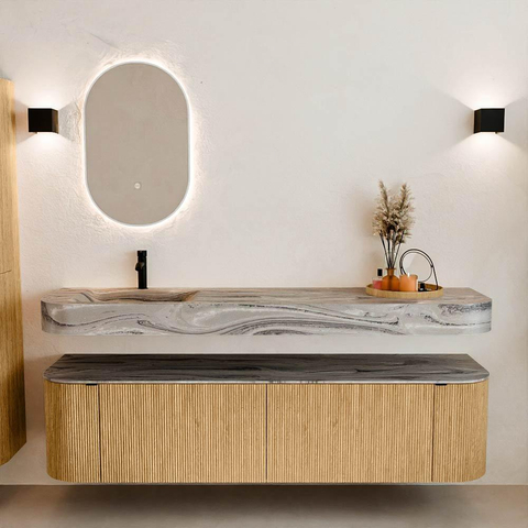 MONDIAZ THOR-DLUX 180cm meuble de salle de bains arrondi gauche + droite couleur Oak avec 2 tiroirs et 2 portes. Vasque suspendue CLOUD gauche 1 trou de robinet couleur Sombra. SW1466252