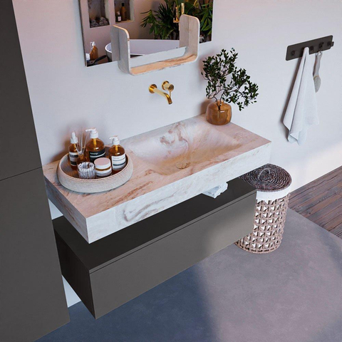 Mondiaz ALAN-DLUX Ensemble de meuble - 100cm - meuble Dark grey mat - 1 tiroir - Lavabo Cloud Frappe suspendu - vasque Droite - 0 trous de robinet SW805054