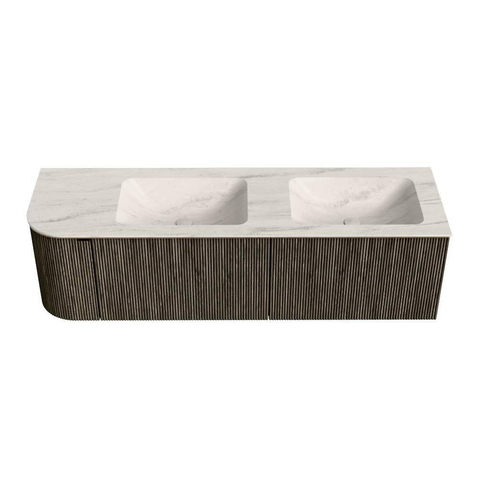 MONDIAZ KURVE-DLUX Meuble de salle de bains 155cm arrondi Gauche couleur Shadow avec 2 tiroirs et 1 porte. Lavabo LEAF Double / Droite 2 trous de robinet Meli. SW1431834