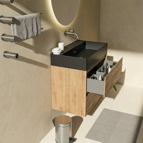 Saniclass Holz Pure Badkamermeubelset - 80x45x72cm - Legend keramische wastafel mat zwart - 1 wasbak - zonder kraangat - 2 lades - mat eiken natural (hout) SW1580172