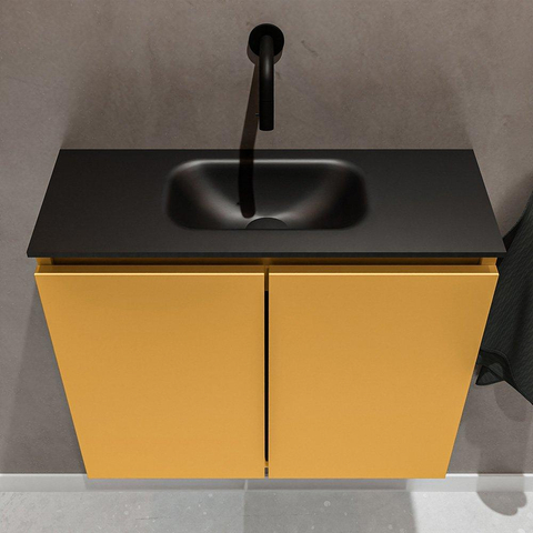 MONDIAZ TURE Toiletmeubel 60x23x50cm met 0 kraangaten 2 deuren ocher mat Wastafel Eden midden Solid Surface Zwart SW475392