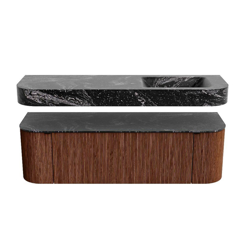 MONDIAZ THOR-DLUX 150cm badmeubel ronding links + rechts kleur Ruby met 1 lade en 2 deuren. Vrijhangende wastafel CLOUD Rechts 1 kraangat kleur Lava. SW1464595