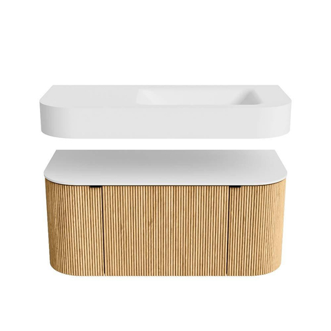 MONDIAZ THOR 100cm meuble de salle de bains arrondi gauche + droite couleur Oak avec 1 tiroir et 2 portes. Vasque suspendue CLOUD Droite 1 trou de robinet couleur Talc. SW1467299