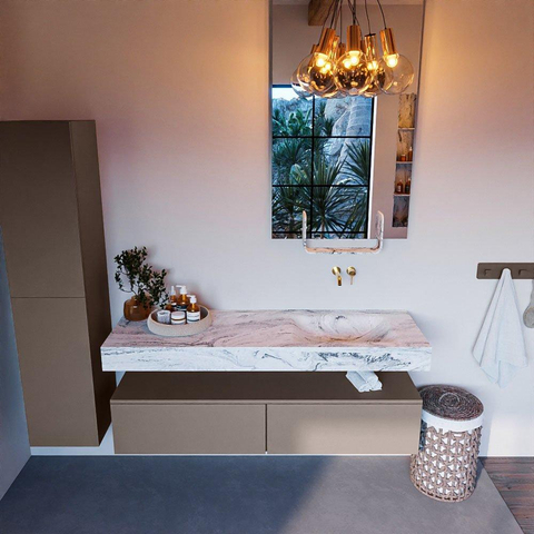 Mondiaz ALAN-DLUX Ensemble de meuble - 150cm - meuble Smoke mat - 2 tiroirs - Lavabo Cloud Glace suspendu - vasque Droite - 0 trous de robinet SW804919
