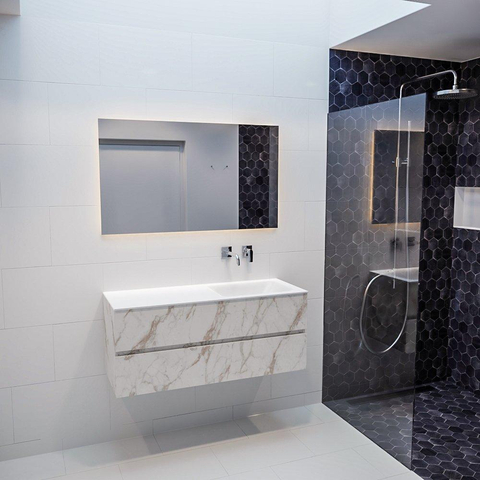 MONDIAZ VICA Ensemble de meuble salle de bain - 120cm - 2 tiroirs - lavabo Cloud à droite - 0 trous de robinet - solid surface marbre carrara SW410241