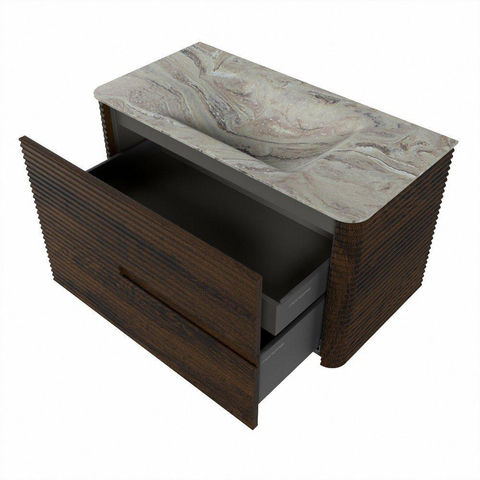 Mondiaz CIRO-DLUX Meuble de salle de bains - 90x45x50cm - Plan vasque solid surface Glace - 1 vasque centrale - 1 trou de robinet - 2 tiroirs - Noyer SW1530236