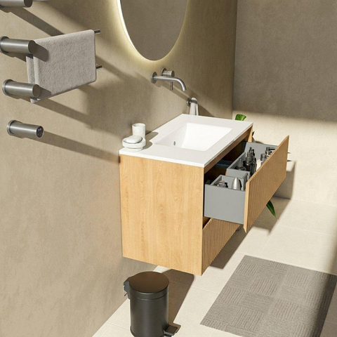 Saniclass Holz Atelier Ensemble meuble de salle de bains - 80x45x62cm - Vygo lavabo en céramique blanc - 1 vasque - sans trou de robinetterie - 2 tiroirs - chêne naturel mat (bois) SW1437741