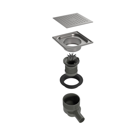 Easy Drain Aqua Plus Quattro siphon de sol avec partie de finition en inox avec grille en inox et sortie latérale 15x15cm profondeur d''encastrement 68 104mm garde d''eau 50 à 25mm 2302715