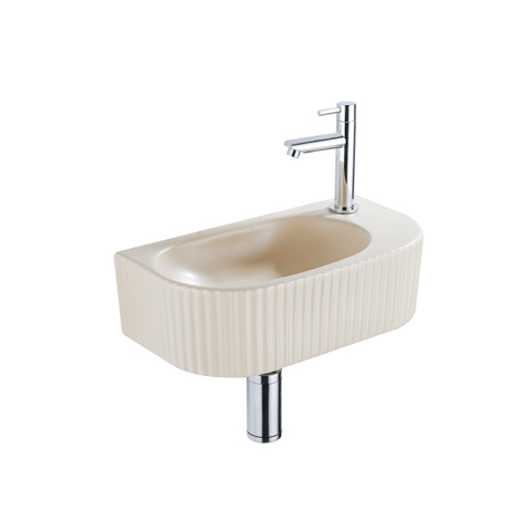 Fugaflow Efficiente Pietra Fonteinset - 40x21.5x12cm - rechts - geribbeld - halfrond - 1 kraangat - keramiek - fonteinkraan chroom - afvoerplug - verlaagd sifon - beige SW1443519