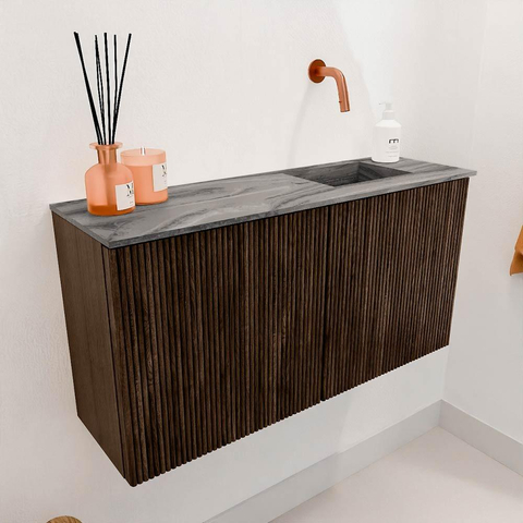 Mondiaz JOYA-DLUX 80cm toiletmeubel - kleur Walnut - Wastafel FAYE positie Rechts Zonder kraangat kleur Sombra. SW1424721