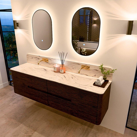 Mondiaz CIRO-DLUX Badkamermeubelset - 180x45x50cm - Solid surface wastafel Nata - 2 wasbak Dubbel - zonder kraangaten - 4 lades - Walnut SW1530577