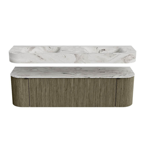 MONDIAZ THOR-DLUX 160cm meuble de salle de bains arrondi gauche + droite couleur Shadow avec 1 tiroir et 2 portes. Vasque suspendue CLOUD Double sans trou de robinet couleur Glace. SW1465219