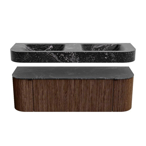 MONDIAZ THOR-DLUX Meuble de salle de bains 140cm arrondi gauche + droite couleur Walnut avec 1 tiroir et 2 portes. Vasque suspendue CLOUD Double 2 trous de robinet couleur Lava. SW1463964